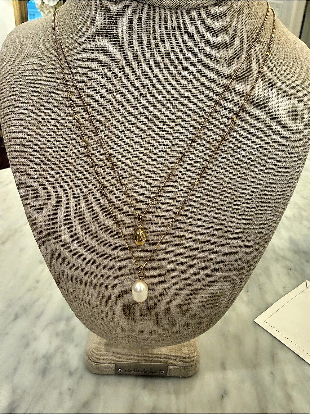 Stella & Dot Delicate Double Pearl Pendant Gold Layered Necklace - original box